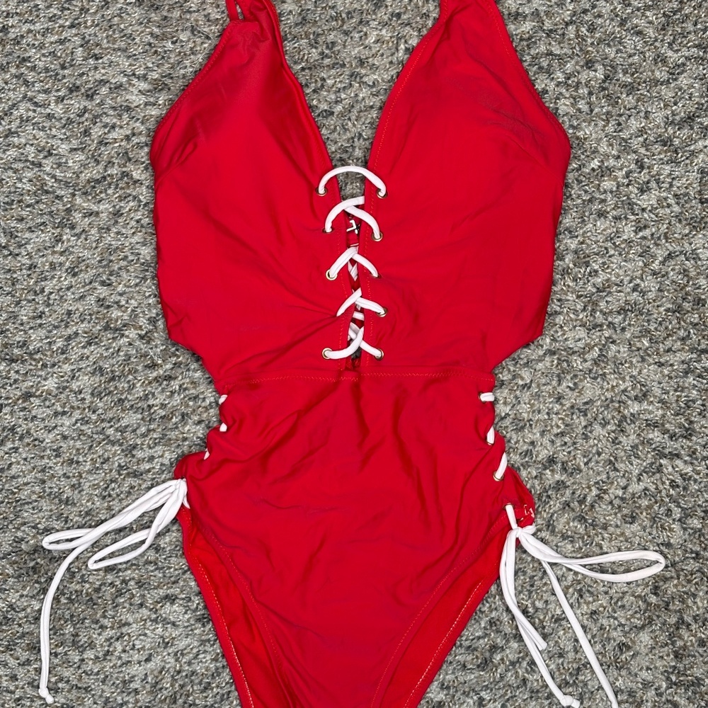 Red Lace-Up One Piece Swimsuit